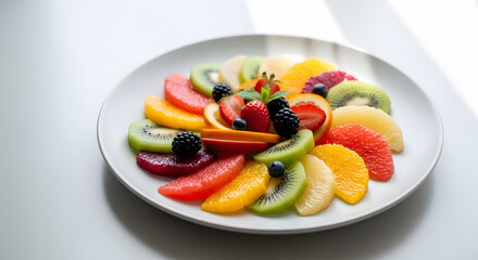 Elegant Food Editorial Shot with Sliced Fruit on Matte Plate and Airy Highlights