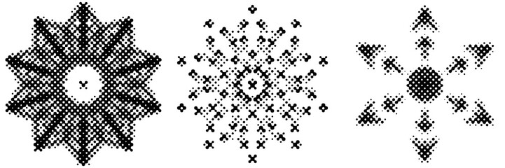 Three abstract black halftone shapes on a transparent background, suitable for ornaments, icons, or snowflake-style elements.