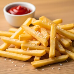 Golden crispy french fries sprinkled with sea salt and dipping ketchup