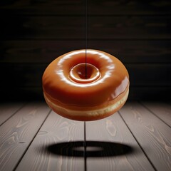 Delicious caramel donut suspended above wooden table for sweet indulgence