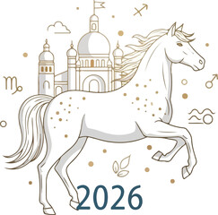 White horse prancing with zodiac symbols city and 2026 displayed