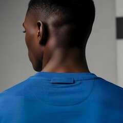 Stylish athletic man wearing vibrant blue shirt from behind view
