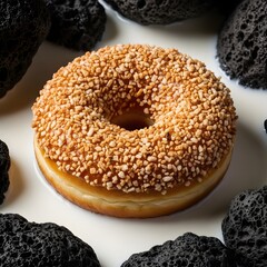 Delicious donut sprinkled with nuts, surrounded by black lava rocks