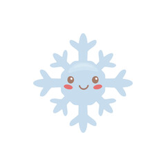 Hand-drawn smiling snowflake on white background. Light blue tones, cheerful face with blush. Suitable for winter clipart, festive design, greeting cards, and seasonal decor.