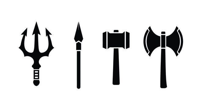 Set of four ancient weapon silhouettes: a trident, a spear, a war hammer, and a double-headed battle axe.