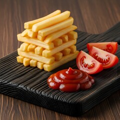 Delicious french fries stacked high with ketchup and tomatoes on wood board