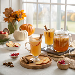Assortment of autumn apple cider beverages featuring warm spices, fresh apples