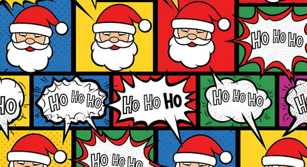 Obraz premium Pop Art Santa Claus Comic Strip Festive Holiday Illustration with 'Ho Ho Ho' Speech Bubbles