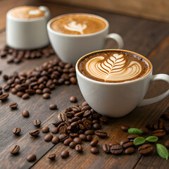 Coffee cups with intricate latte art sit among roasted beans
