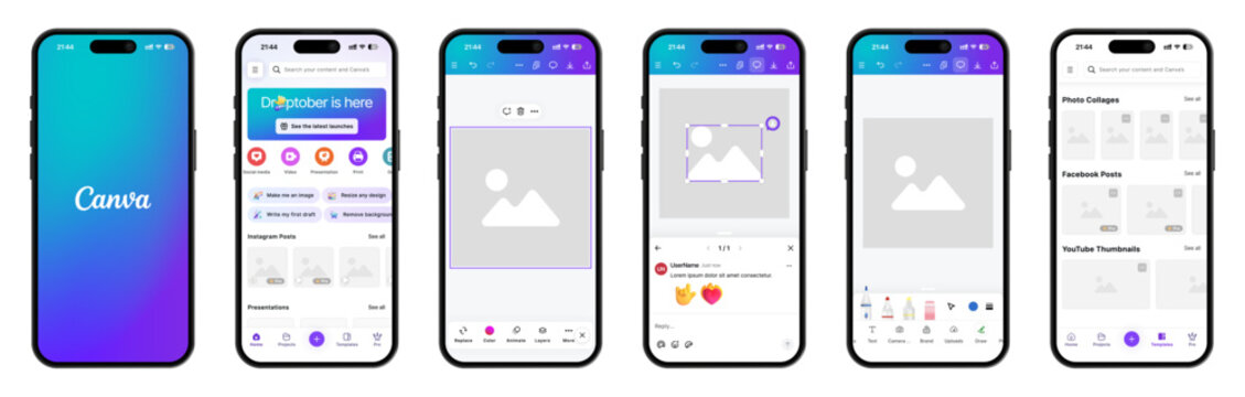 Canva mobile app UI design 2026 with splash screen, main page, photo editor, draw tools, and templates shown on iPhone 17 Pro