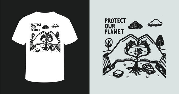 Protect our planet graphic design for t-shirt or poster featuring hands forming a heart around a growing tree