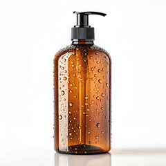 Horizontal amber glass pump bottle mockup filled with water