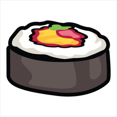 A collection of cute and colorful sushi icons in cartoon style. This vector set includes various maki rolls, nigiri, and Japanese seafood illustrations, perfect for menu design
