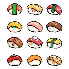 PrintA set of cute maki sushi roll icons in cartoon style. Includes various rolled sushi designs suitable for menus, stickers, branding, and food illustration projects. © hilman