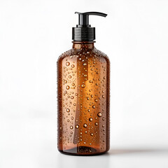 Horizontal amber glass pump bottle mockup filled with water