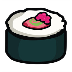 A collection of cute and colorful sushi icons in cartoon style. This vector set includes various maki rolls, nigiri, and Japanese seafood illustrations, perfect for menu design