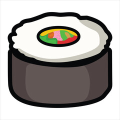 A collection of cute and colorful sushi icons in cartoon style. This vector set includes various maki rolls, nigiri, and Japanese seafood illustrations, perfect for menu design