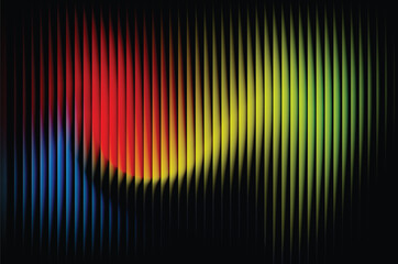 Abstract vertical stripes of vibrant red yellow and green light on black background