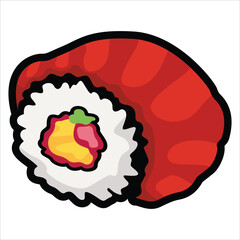 A collection of cute and colorful sushi icons in cartoon style. This vector set includes various maki rolls, nigiri, and Japanese seafood illustrations, perfect for menu design