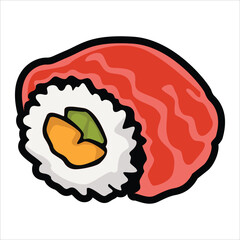 A collection of cute and colorful sushi icons in cartoon style. This vector set includes various maki rolls, nigiri, and Japanese seafood illustrations, perfect for menu design