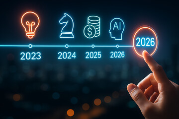 hand pointing to a bright 2026 milestone on a timeline with symbols for idea strategy finance and artificial intelligence representing business planning