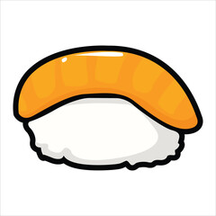 A collection of cute and colorful sushi icons in cartoon style. This vector set includes various maki rolls, nigiri, and Japanese seafood illustrations, perfect for menu design