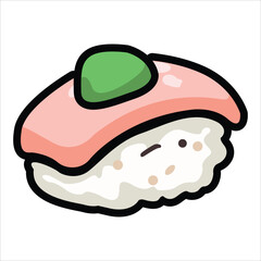 A collection of cute and colorful sushi icons in cartoon style. This vector set includes various maki rolls, nigiri, and Japanese seafood illustrations, perfect for menu design