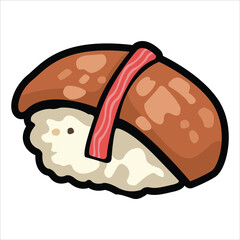 A collection of cute and colorful sushi icons in cartoon style. This vector set includes various maki rolls, nigiri, and Japanese seafood illustrations, perfect for menu design