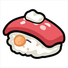 A collection of cute and colorful sushi icons in cartoon style. This vector set includes various maki rolls, nigiri, and Japanese seafood illustrations, perfect for menu design