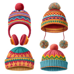 Colorful knitted winter hats collection displayed on a clean background
