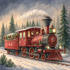 Festive vintage red train illustration featuring classic design