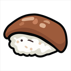 A collection of cute and colorful sushi icons in cartoon style. This vector set includes various maki rolls, nigiri, and Japanese seafood illustrations, perfect for menu design