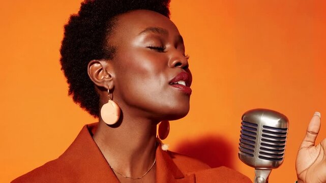 Confident female singer performs with vintage microphone against a bold studio background expressing passion music culture and creativity ideal for concert promotions streaming covers and ex - Powered by Adobe