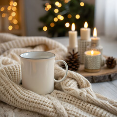 White ceramic mug resting on a knitted beige blanket, filled with a warm beverage