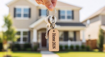 Home 2026 Real Estate Concept Hand Holding Keys Blurred House Background