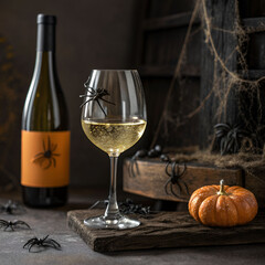 Wine glass filled with white wine, surrounded by black spiders, creating a spooky, Halloween