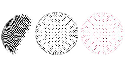 Abstract design featuring three halftone spherical shapes on a transparent background.