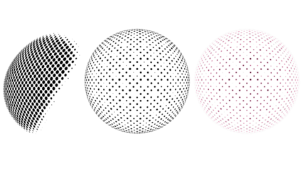 Abstract design featuring three halftone spherical shapes on a transparent background.