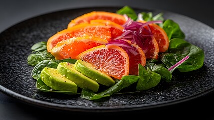 Plate of farm-fresh spinach with juicy grapefruit slices, avocado wedges, and sweet red onion.