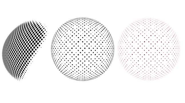 Abstract design featuring three halftone spherical shapes on a transparent background.