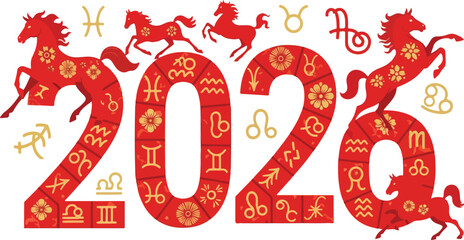 Zodiac symbols decorate a red 2020 graphic with horse figures a Chinese new year theme