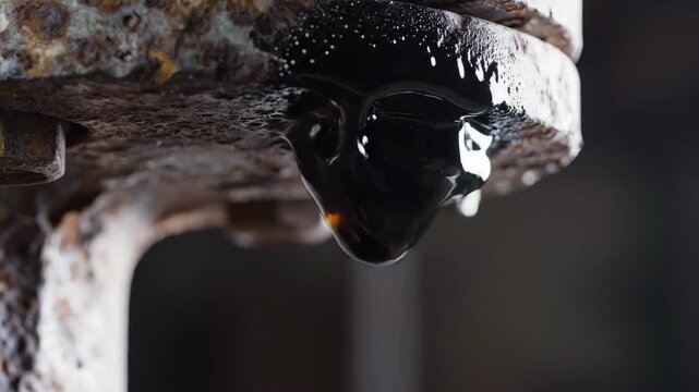 Black Liquid Slowly Drips From Rusted Metal Structure