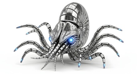 Detailed metallic robot spider with glowing blue eyes isolated on white background