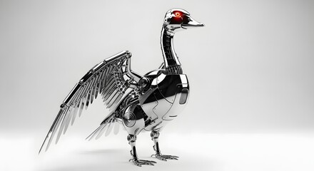 Mechanical bird sculpture with outstretched wings isolated on white background