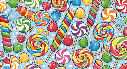 Fototapeta premium Delicious assortment of colorful lollipops and candies arranged on a blue background, perfect for desserts and treats
