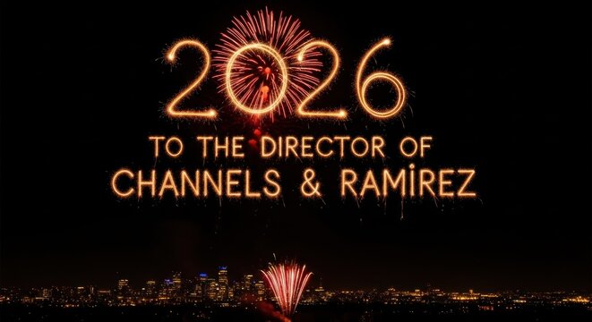 Fireworks display with the year 2026 and congratulatory message on black background