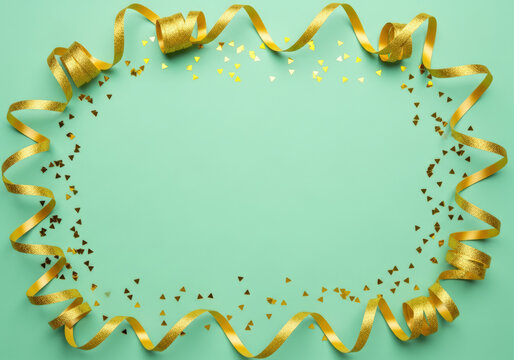 Festive gold ribbon and confetti on a mint green background