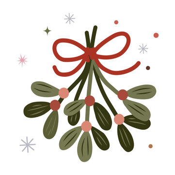 Minimalist mistletoe vector illustration with red ribbon bow, green leaves, red berries, snowflakes, and festive decorative elements on transparent background for modern holiday design