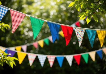 Colorful bunting flags strung outdoors against a blurred green background