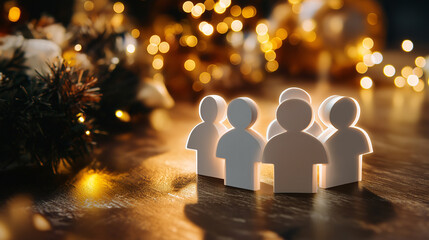 Faceless team building setting with blurred Christmas background, winter collaboration concept, holiday minimalistic design, seasonal dialog promotion, defocused festive elements, 
